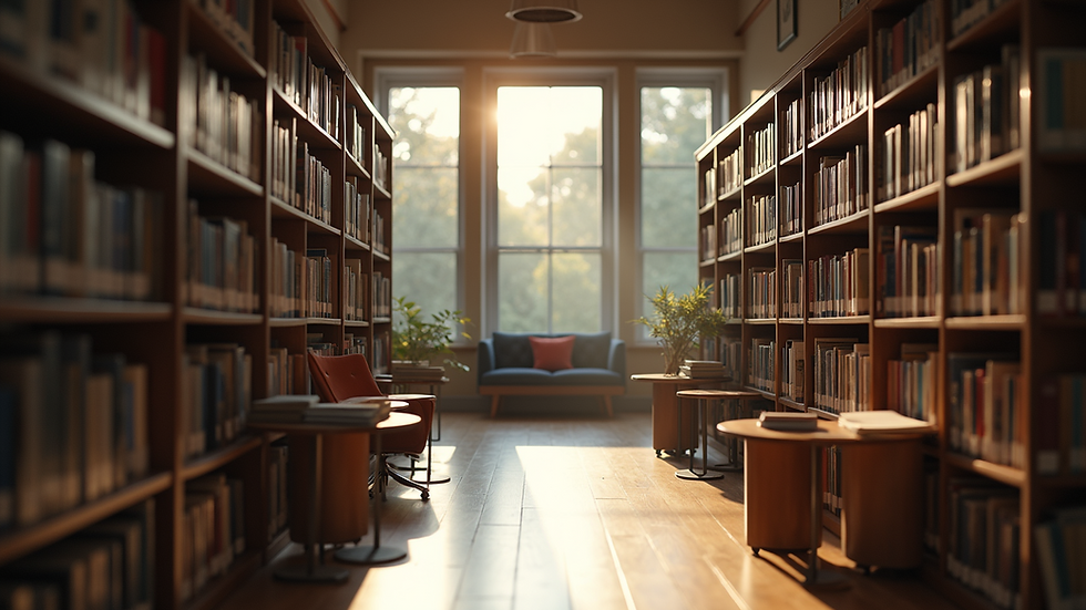 Eye-level view of a serene library with books and cozy reading spots