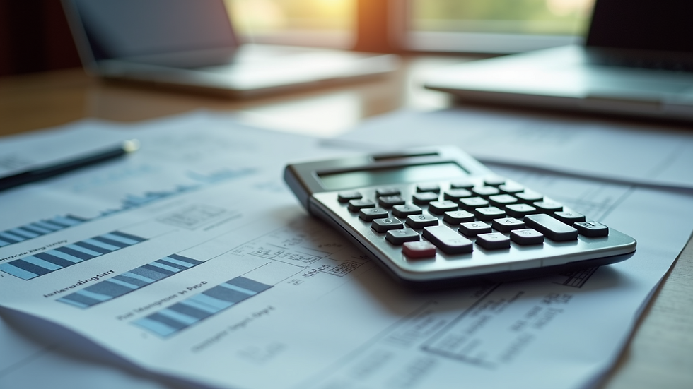 High angle view of a calculator and financial documents on a desk