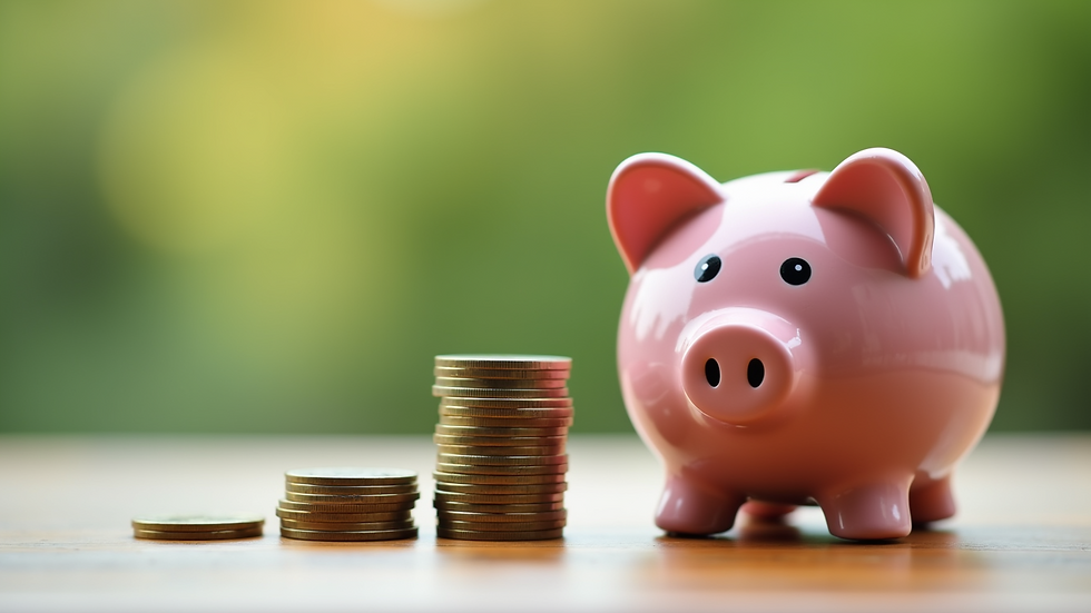 Close-up view of a piggy bank with coins stacked beside it