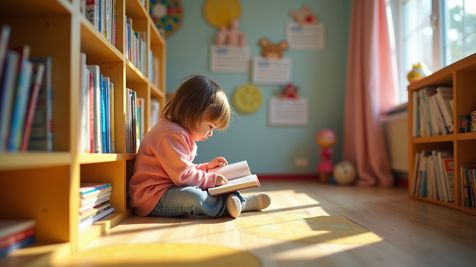 Eye-level view of a colorful and cozy children's reading nook