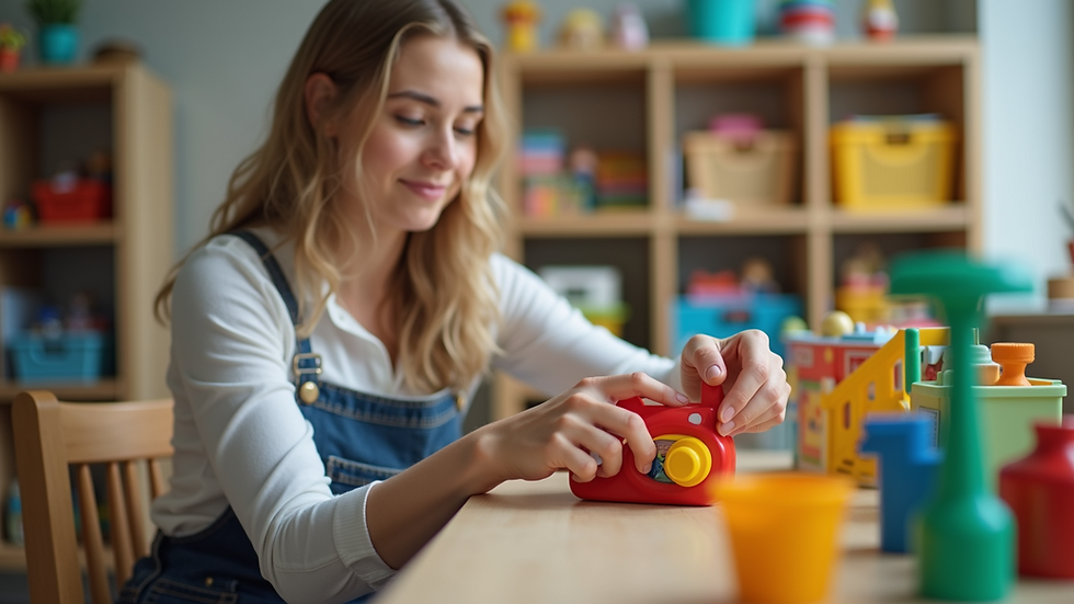 Close-up view of a preschool teacher arranging educational toys on a shelf