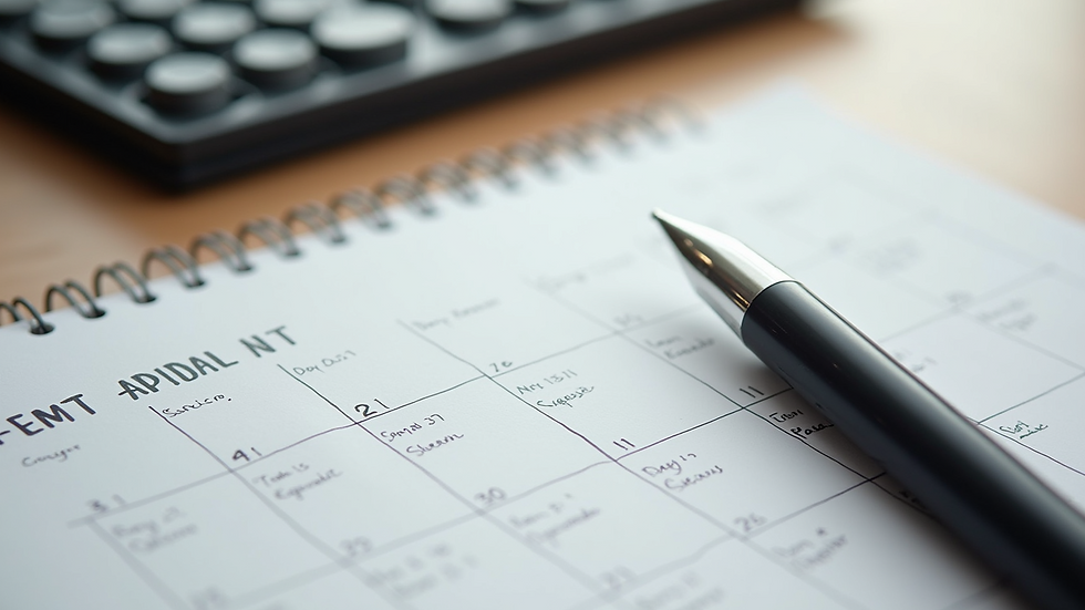 High angle view of a calendar with marked dates and a pen