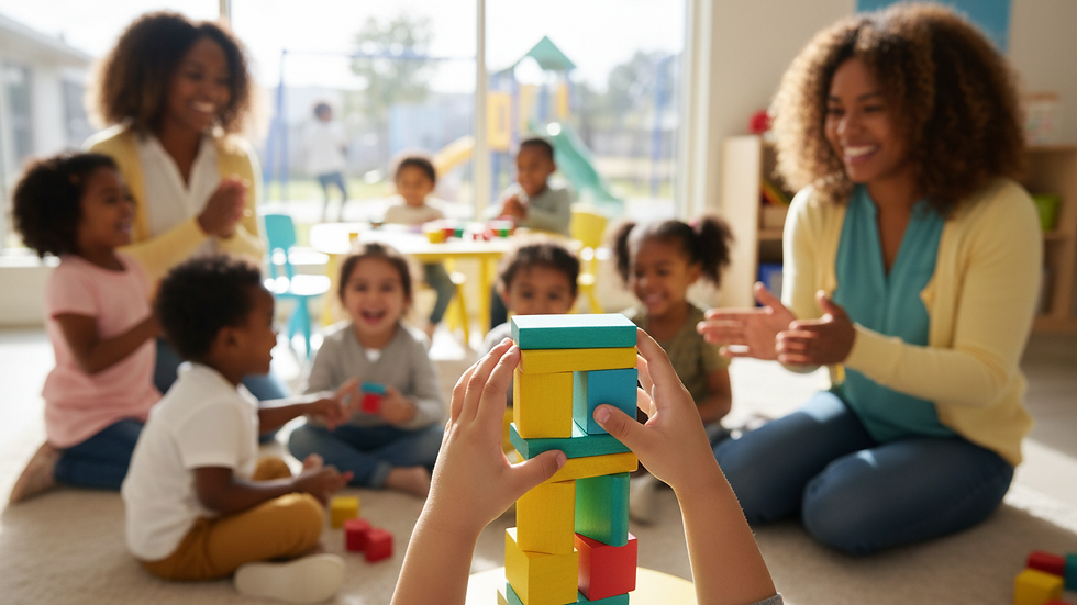 Close-up view of a child’s hands building a tower with colorful blocks