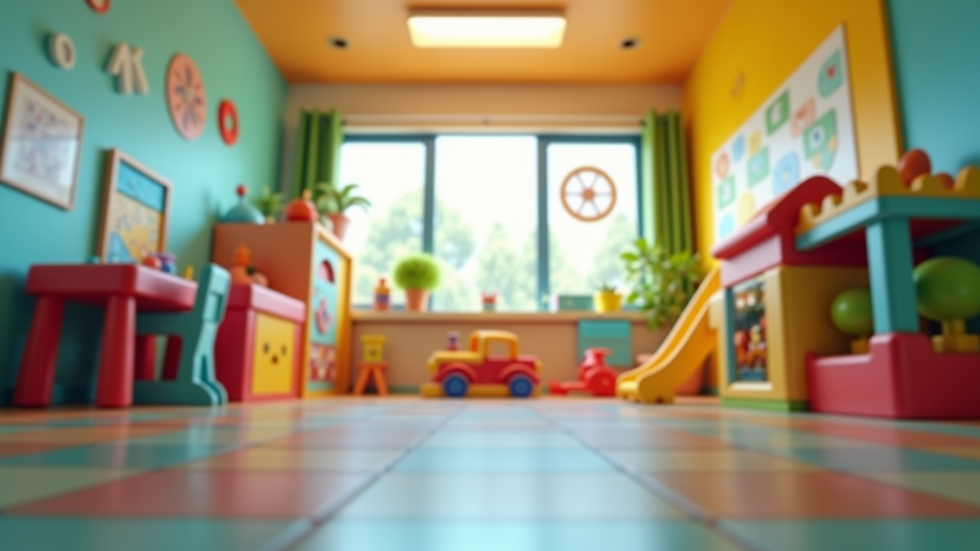 Eye-level view of a daycare center with colorful toys and play areas