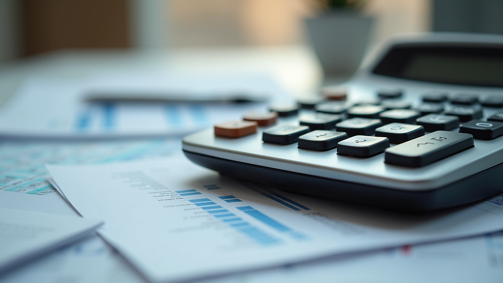 Close-up view of a calculator and financial documents on a desk