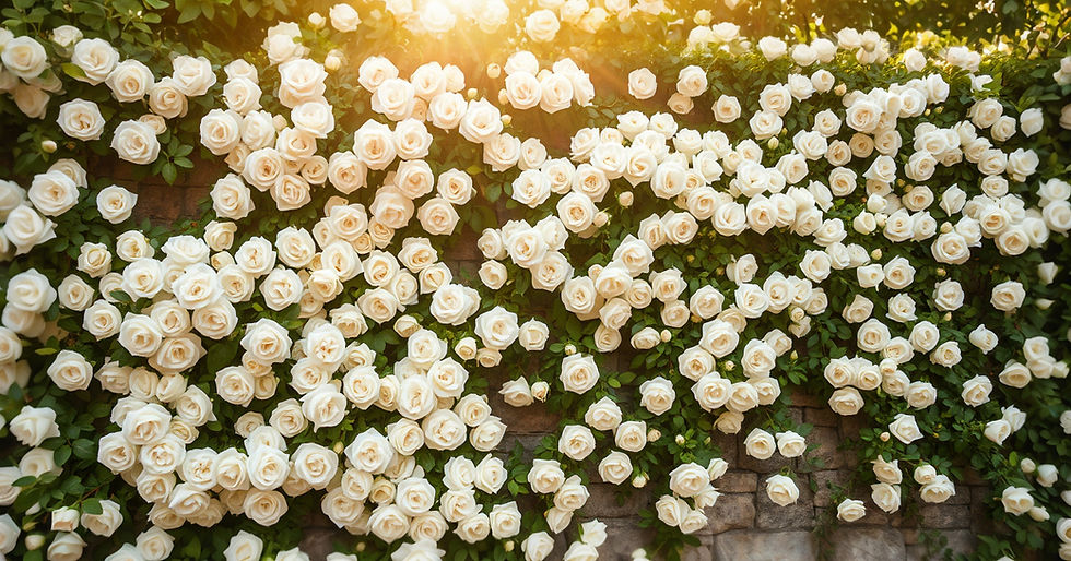 thick vines of lush climbing white roses on a stone cave wall, with large flowers and the