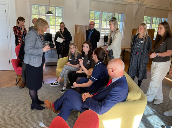 Powys Regional Partnership Board member and Chief Executive of Powys Teaching Health Board, Carol Shillabeer with Health and Social Services Minister Eluned Morgan MS at the official opening of Powys Health and Care Academy’s Bronllys Campus.