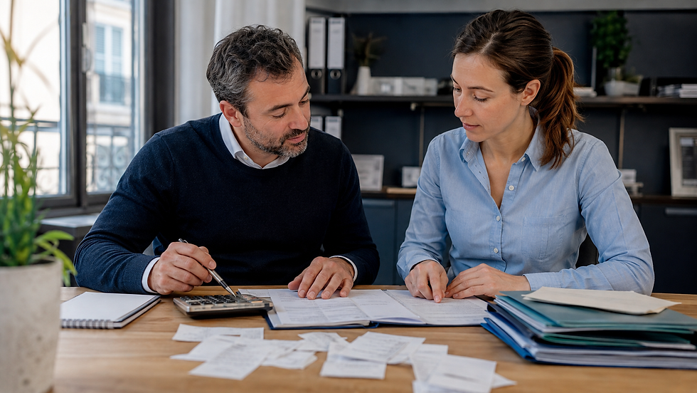 Au régime réel, les dépenses professionnelles sont prises en compte. Une entrepreneuse examine ses recettes et ses dépenses avec un professionnel de la comptabilité.