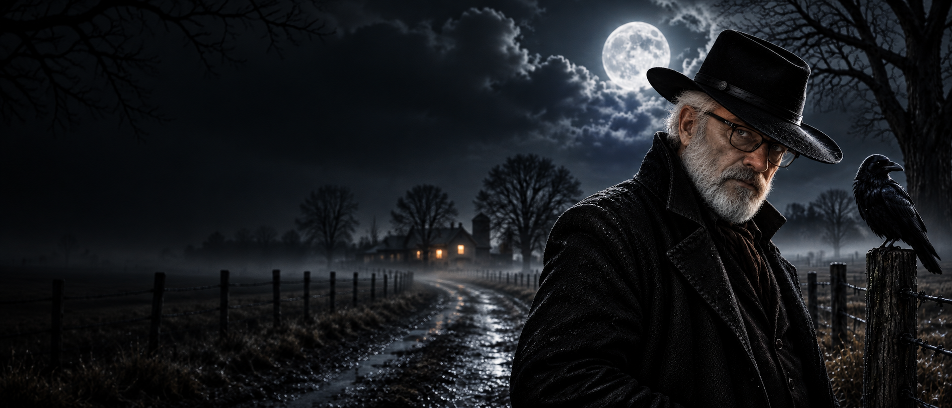 Rhialto creator avatar in a black hat beside a raven, a moonlit country road and a distant farmhouse