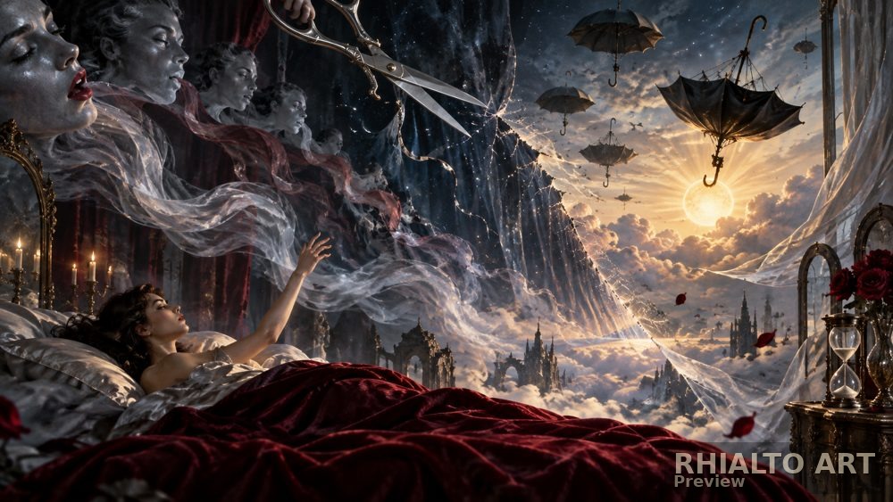Snip the Seams of Sleep surreal dreamscape from the Rhialto Art collection