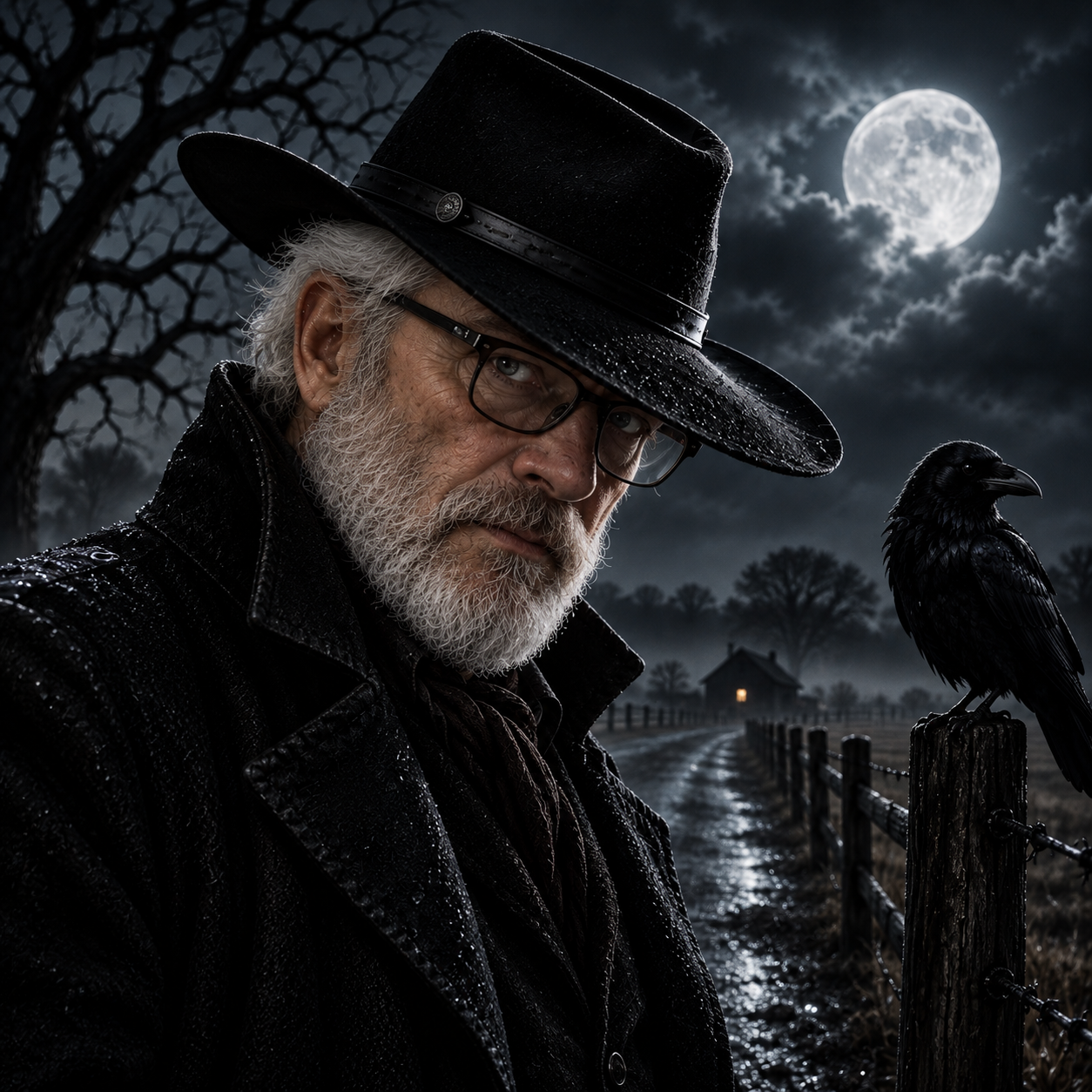 Rhialto creator avatar in a black hat and glasses beside a raven under moonlight