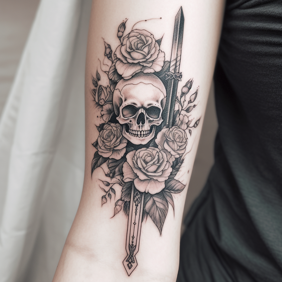 Black Ink Skull with Roses and Swords