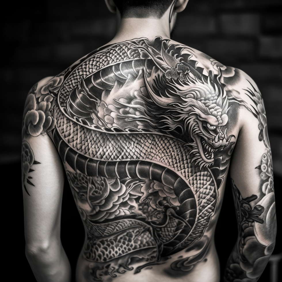 Back Tattoo in Black Ink of Chinese Dragon, Highly Detailed Closeup