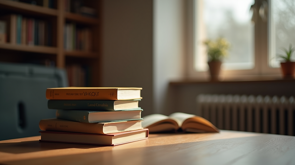Eye-level view of a cozy reading nook with a stack of books