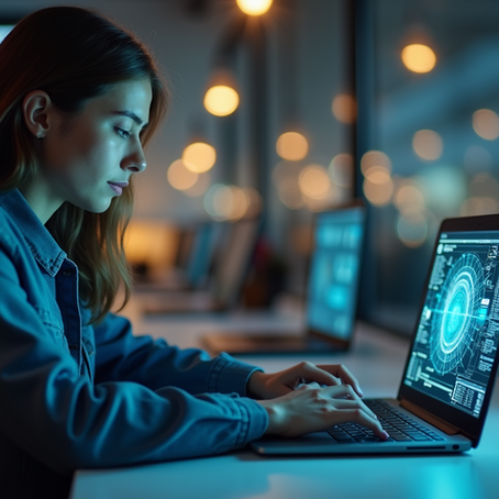 Eye-level view of a young professional working on a laptop with AI data visualizations on the screen