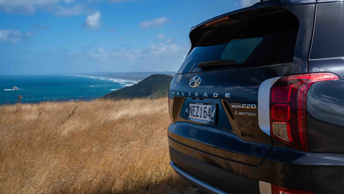 2021 Hyundai Palisade parked in grass, on the edge of a cliff in Auckland, New Zealand (2)