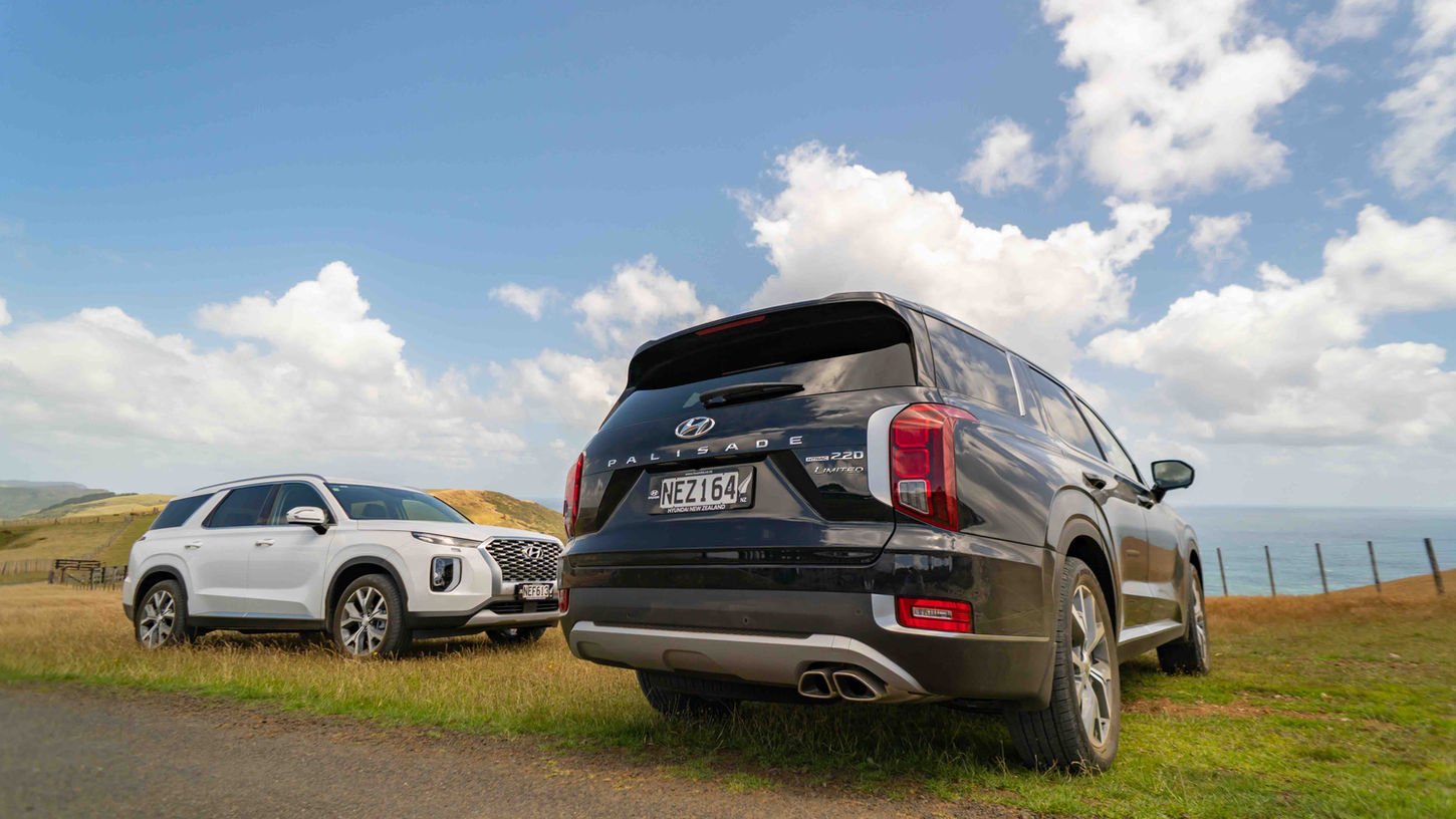 Several 2021 Hyundai Palisades parked in grass, on the edge of a cliff in Auckland, New Zealand