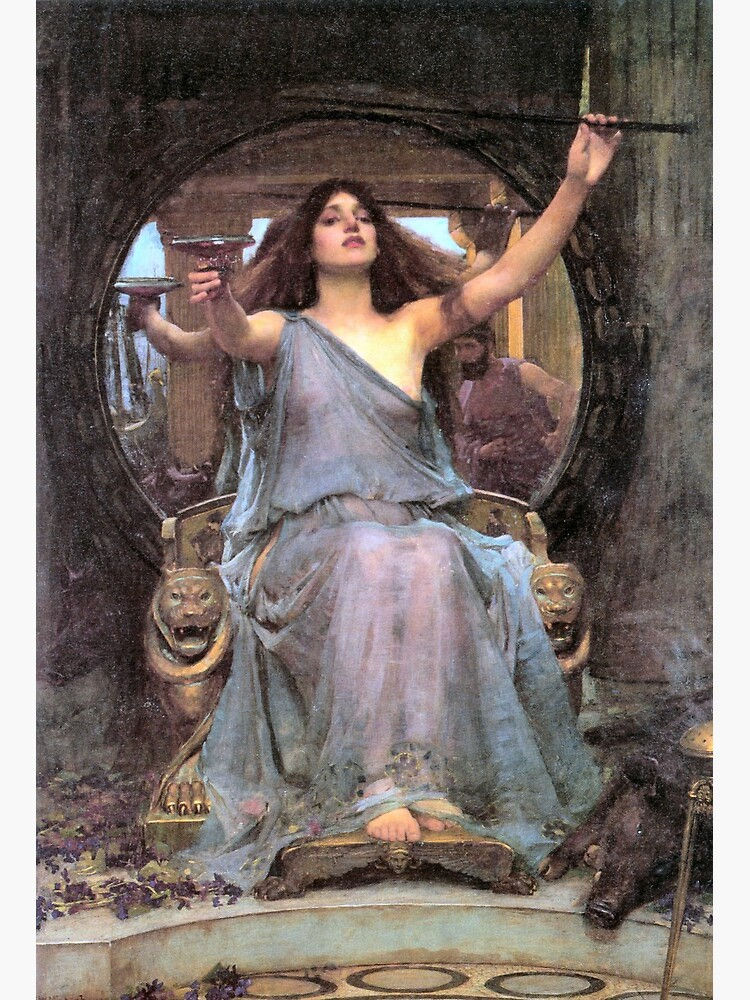 The enchantress Circe sitting on a throne. Her hands are upraised. In one, she hold a cup of wine and in the other, a wand.