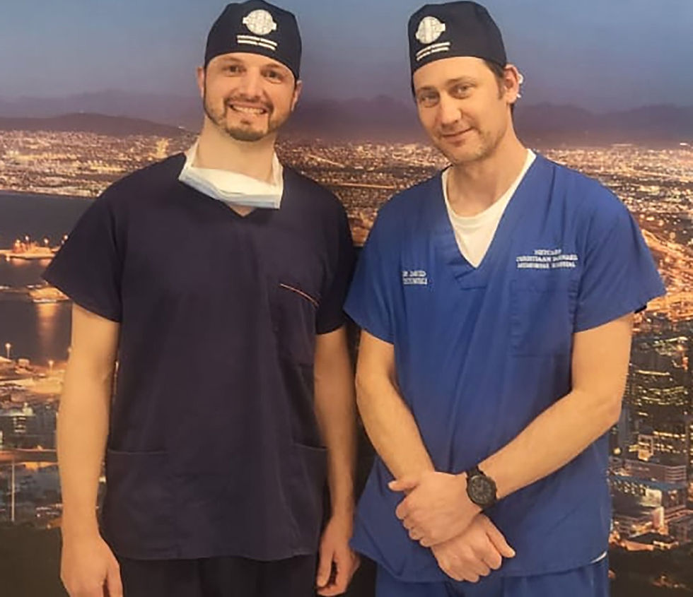 Prof Vincent Hagel, a leading senior physician at the Spine Centre of the Asklepios Hospital in Lindau, Germany, travelled to South Africa to perform a groundbreaking advanced endoscopic spinal procedure at Netcare Christiaan Barnard Memorial Hospital, where German and South African neurosurgeons collaborated to repair a cerebrospinal fluid leak caused by an extremely rare condition. Here he is photographed with neurosurgeon Dr David Roytowski.