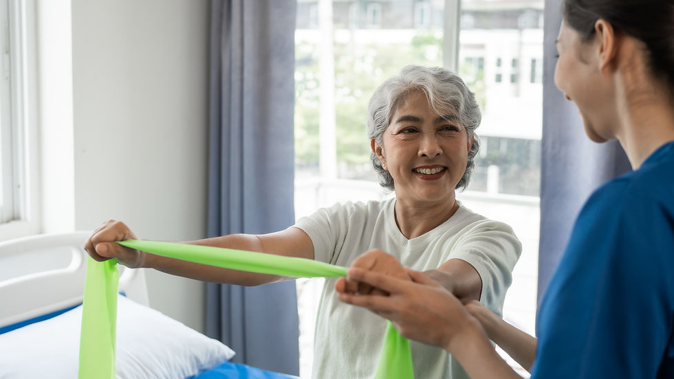 A memory care resident using an elastic band for exercise