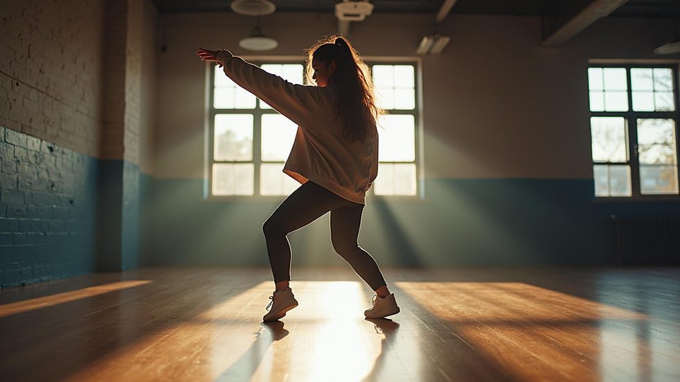 Eye-level view of a dance studio with a single dancer practicing hip-hop moves