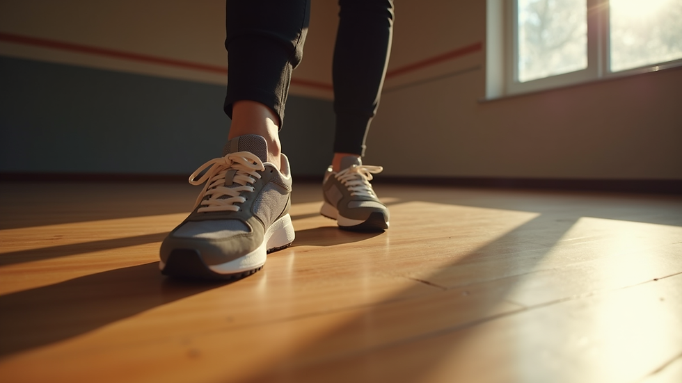 Close-up view of a single dancer’s feet in trainers performing a hip hop step on a wooden floor