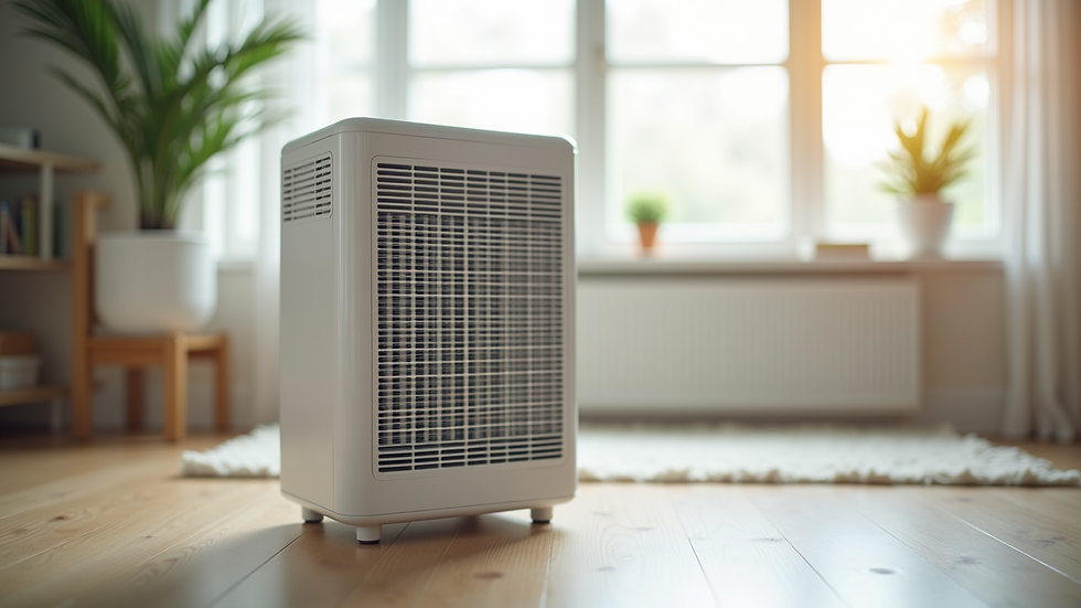 Close-up view of an air purifier with a HEPA filter in a bright room