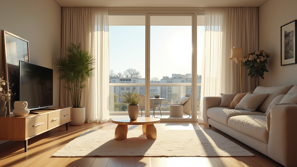 Eye-level view of a modern living room with open windows and sunlight