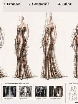 Hina's Technical drawing showing the integration of pneumatic pressure pockets and peristaltic strips within a couture garment. Annotations indicate energy-harvesting zones for phone charging and thermal regulation.