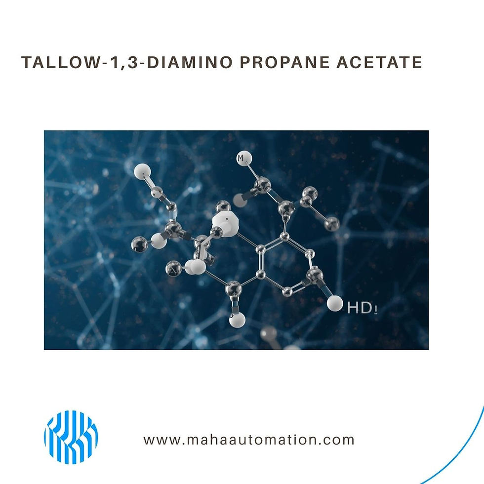 A molecular structure visualization of Tallow-1,3-Diamino Propane Acetate, rendered in a scientific illustration style with clear atomic representations and bonding lines, emphasizing the chemical formula.
