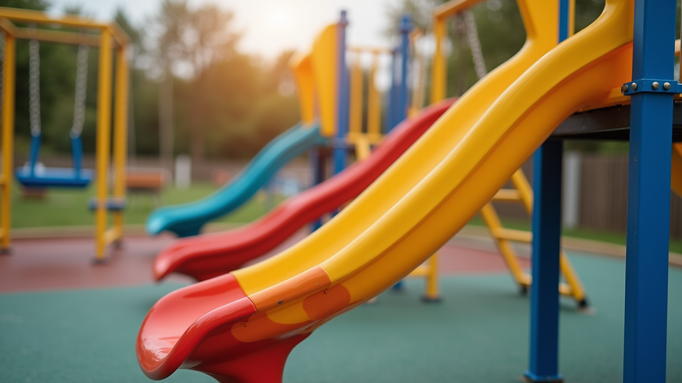 Close-up view of playground with colorful slides and swings