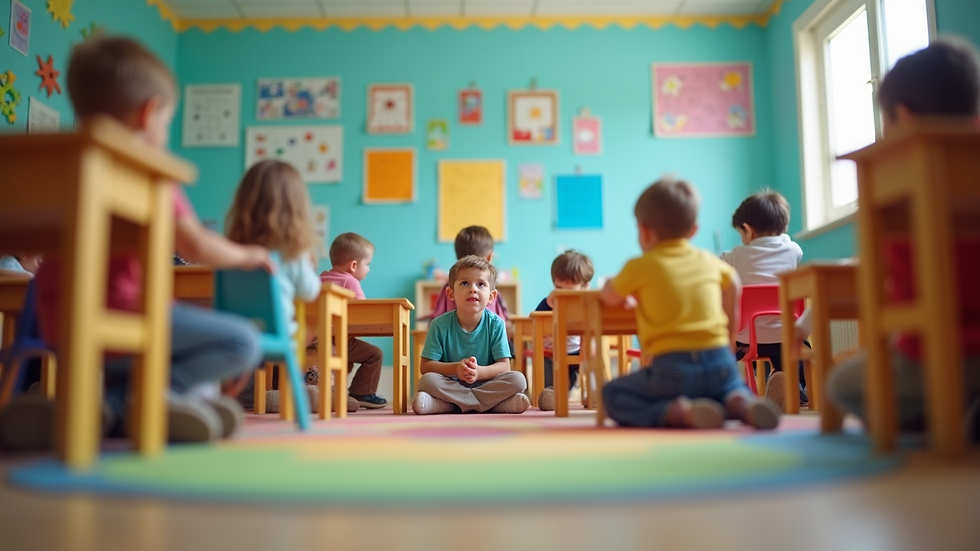 Eye-level view of a colorful classroom with children playing and learning