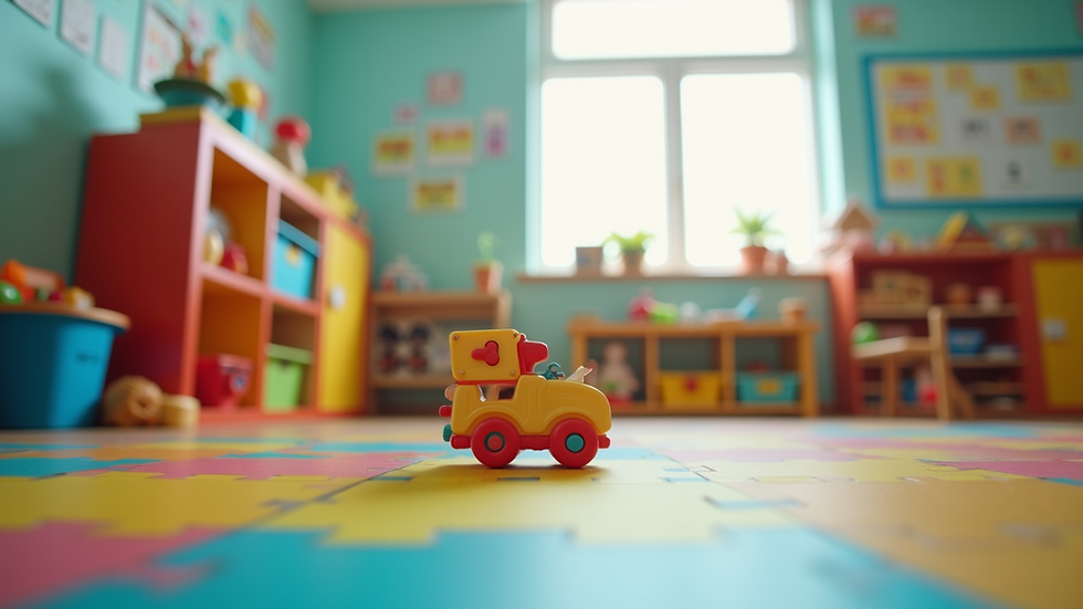 Eye-level view of colorful classroom with educational toys