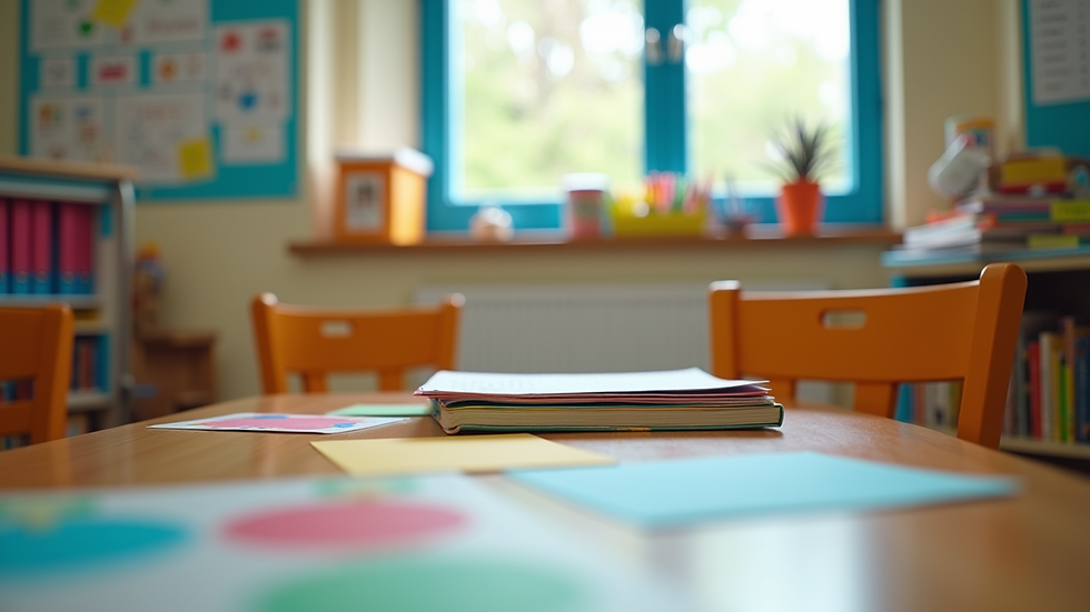 Eye-level view of colorful classroom with bilingual learning materials