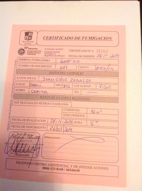 Certificado de fumigación
