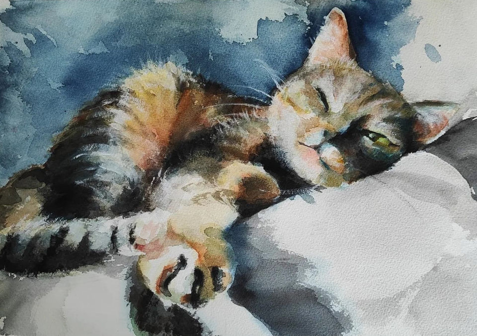 Laying cat in watercolor painting, lazy Sunday
