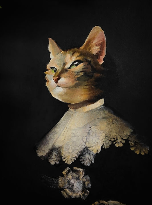 cat portrait, Rembrant style, wedding dress of Oopjen Coppit