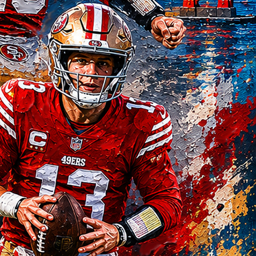Brock Purdy, san francisco 49ers, 49ers, fortyniners, superbowl, san marcos, california, linebacker, usa today, byu, allpro, nfl art, nfl painting, painting, oil painting.