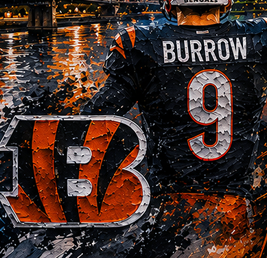 Joe Burrow, Cincinnati Bengals, Bengals Sports Illustrated, chiefs, super bowl, sports art, oil art, oil painting, sports painting, texas red raiders, texas tech, iowa state, cyclones,