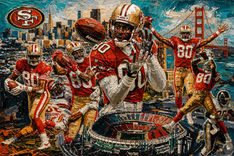 football, cityscape, stadium, dynamic, sports, iconic, player, action, vivid, bridge, jerry rice, 49ers, san francisco, 49ersfaithful, rice, superbowl, mvp, nfldraft, collage, jerry rice tribute.