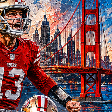 Brock Purdy, san francisco 49ers, 49ers, fortyniners, superbowl, san marcos, california, linebacker, usa today, byu, allpro, nfl art, nfl painting, painting, oil painting.