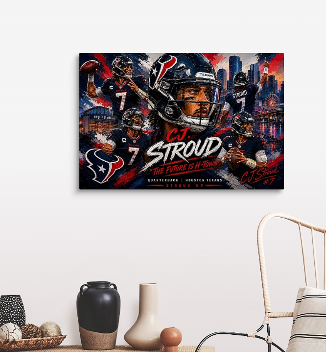 C.J. StroudColter Justin StroudCJ StroudQB7Stroud BoyTeam Context & AffiliationsHouston TexansTexans NationH-TownDeMeco Ryans (Head Coach)Nick Caserio (General Manager)AFC SouthKey Statistics & MilestonesNFL Offensive Rookie of the Year (OROY)Pro BowlPassing yardsTouchdown to interception ratio (TD-INT ratio)Passer ratingCompletion percentageTeammates & ConnectionsNico Collins (WR)Tank Dell (WR)Stefon Diggs (WR)Dalton Schultz (TE)Collegiate & Draft BackgroundOhio State Buckeyes2023 NFL DraftRound 1, Pick 2Heisman Trophy finalistBig Ten Quarterback of the YearPlaying Style & AttributesFranchise quarterbackPocket passerDeep ball accuracyPoise under pressureLeadership, sports art, art, nfl painting, nflart, superbowl, sports art.