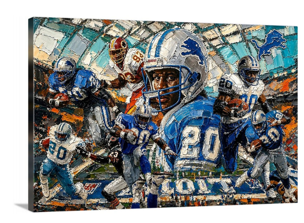 football, detroit lions, collage, action, stadium, sport, blue, dynamic, athlete, team, barry sanders, nfl, nfl art, nfl painting,