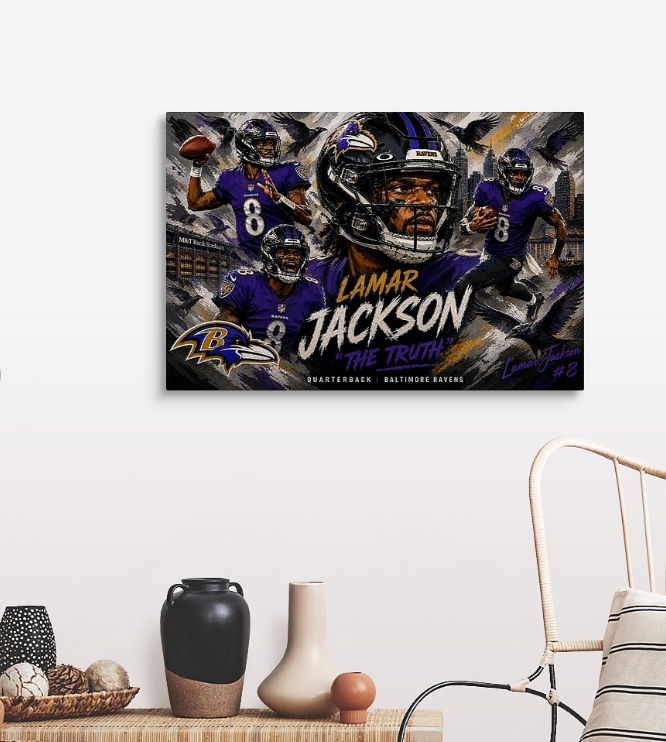Lamar JacksonLamar Jackson RavensBaltimore Ravens QBLJ8Lamar Jackson BaltimoreAchievements & AccoladesTwo-time NFL MVPNFL MVP Lamar JacksonMulti-time NFL MVPPro BowlerAll-ProPlaying Style & SkillsetDual-threat quarterbackElite rushing abilityQuarterback rushing yardsPassing accuracySecond-reaction playsScrambling and called runsPocket presenceCareer StatisticsQuarterback rushing recordsPerfect passer ratingsCareer passer ratingFantasy football quarterbackTeam & Recent ContextRavens new coaching regimeOffensive Coordinator Todd MonkenDefensive Coordinator Jesse MinterRavens OffseasonAFC North, art, sportsart, nfl art, nflpaintings, superbowl