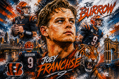 Joe Burrow, Cincinnati Bengals, Bengals Sports Illustrated, chiefs, super bowl, sports art, oil art, oil painting, sports painting, texas red raiders, texas tech, iowa state, cyclones,
