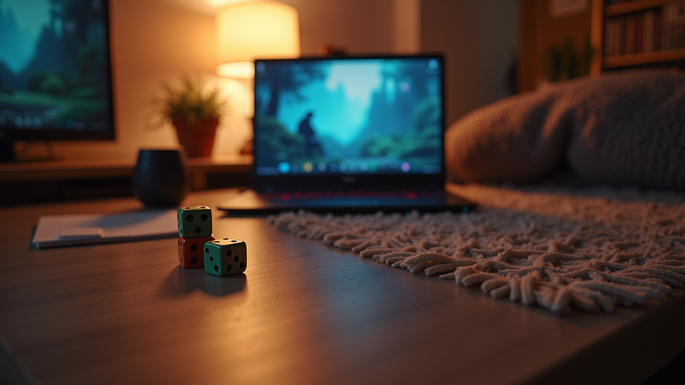 Eye-level view of a cozy gaming setup with a laptop and dice
