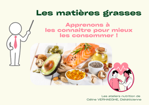 Page de garde du flyer sur les bienfaits et atouts des matières grasses ou lipides par Céline Verhaeghe, diététicienne