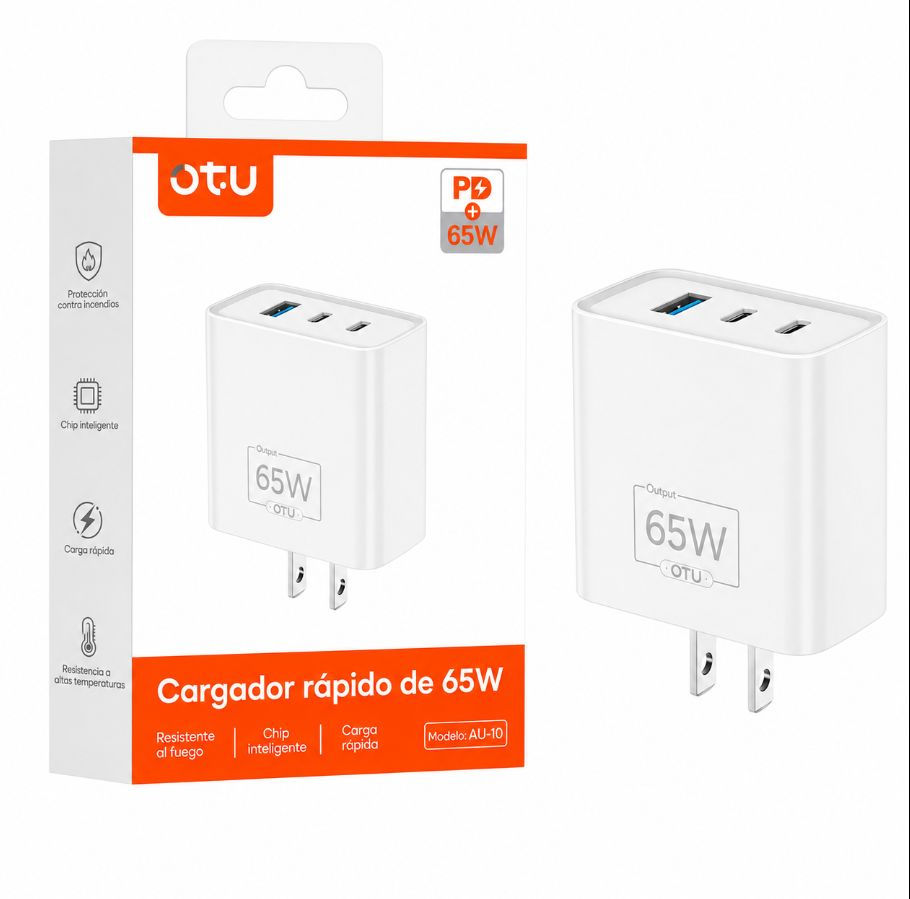 Cubo Cargador 65W Salidas: Tipo-Cx2 USB-Ax1 AU-10
