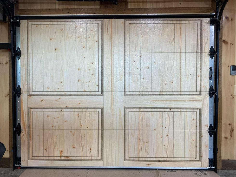 Garage door wrapped to look like wood