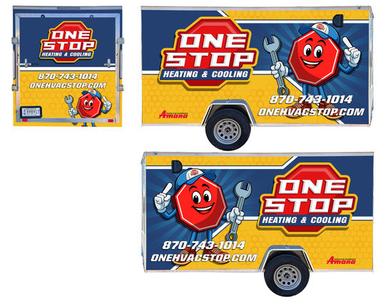One Stop Heating & Cooling wrap on service trailers with contact information.